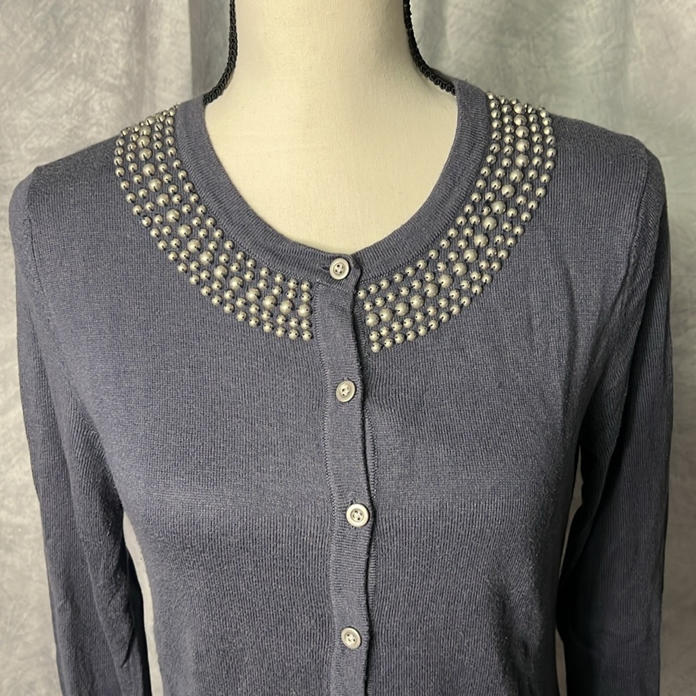 Merona Steel Gray-Blue Beaded Neck Button Down Cardigan Sweater - size MED - Picture 2 of 10